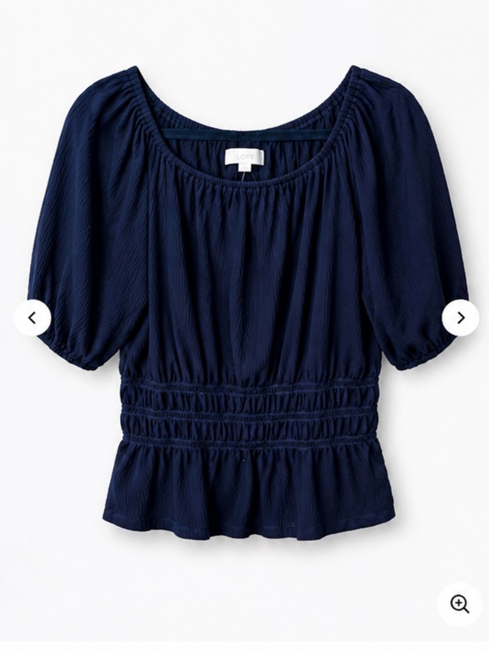 LOFT Navy Puff Sleeve Smocked-Waist Blouse